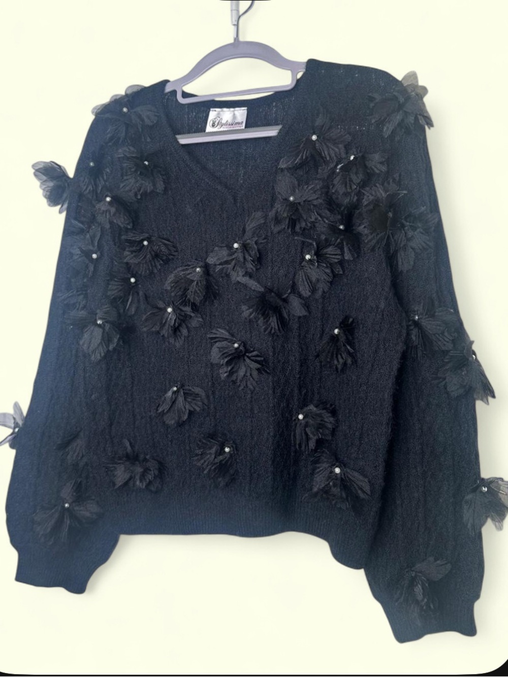 Black Whimsigoth Fairy Grunge Dark Coquette Wool Blend floral long sleeve sweate